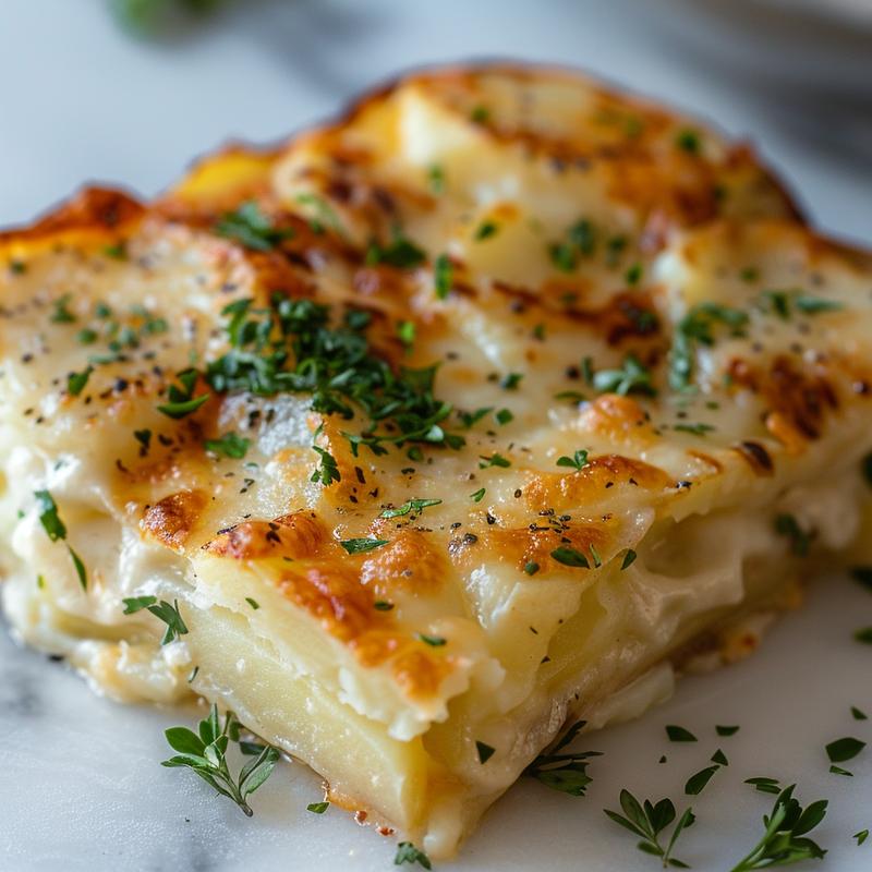 Close-up view of creamy French potato casserole served on a white marble surface.