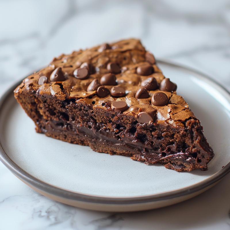 Close-up of a slice of chocolate dump cake on a white plate with a marble background.