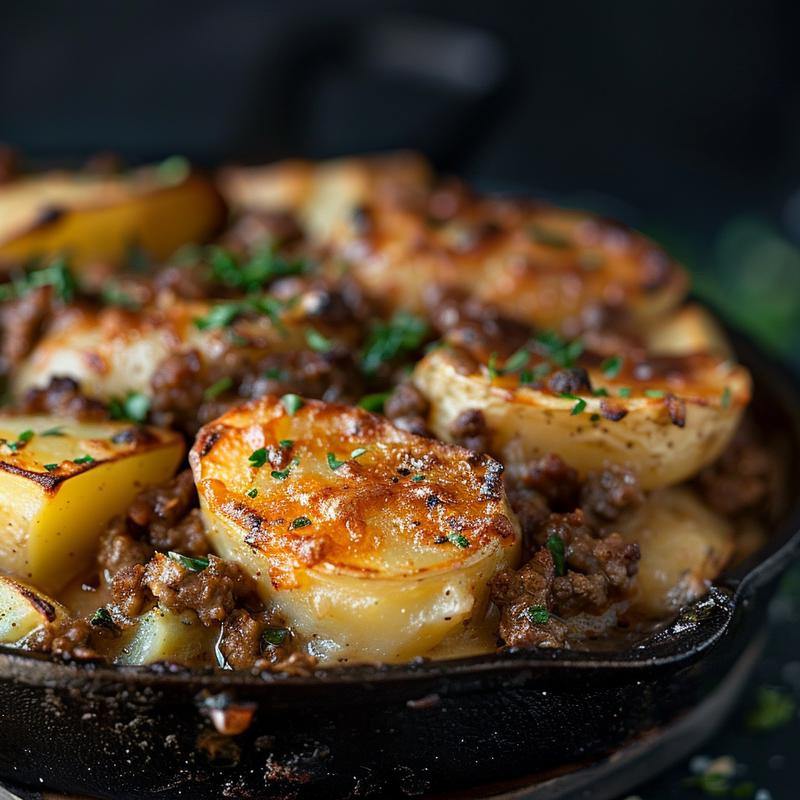 Close-up of a serving of ground beef and potatoes casserole in a cast iron pan, emphasizing texture.