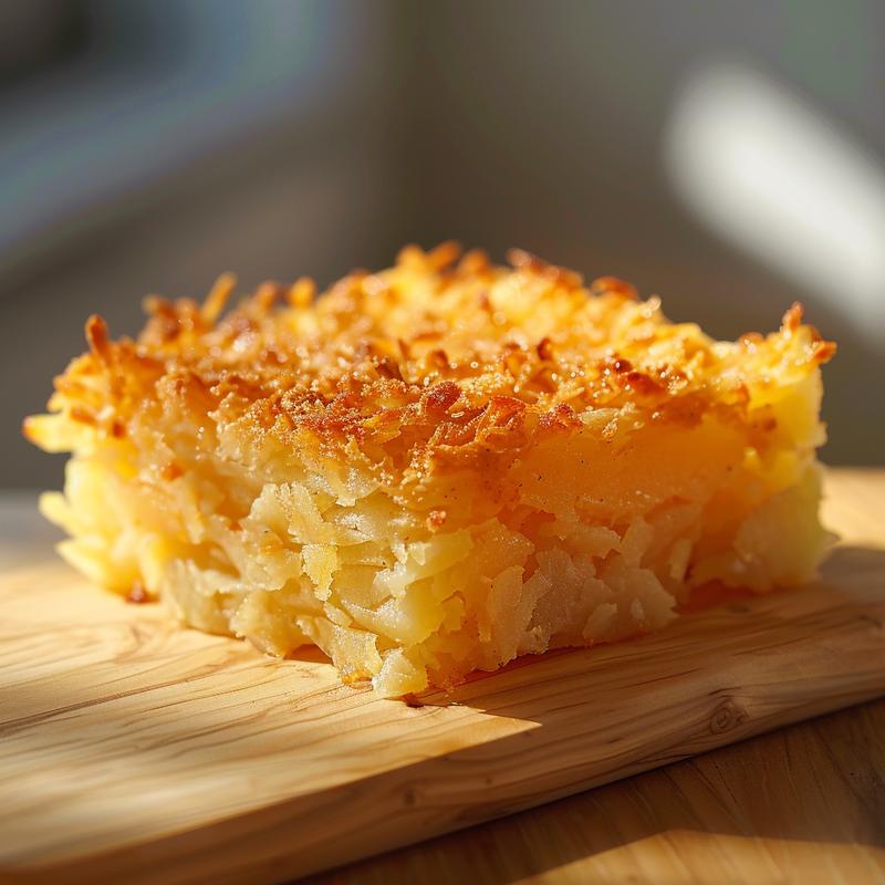 A close-up view of a golden-brown portion of hashbrown casserole on a light wood board.