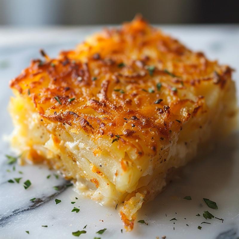 Close-up of a golden brown hashbrown casserole on a white marble surface.