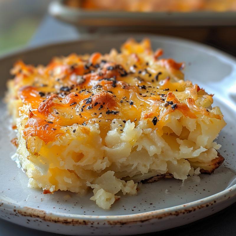 A close-up view of a creamy hashbrown potato casserole on a light grey ceramic plate.