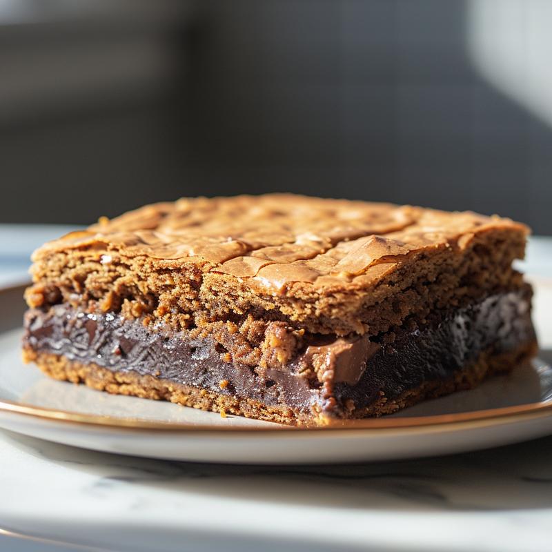Close-up of a slice of chocolate dump cake on a white marble plate.