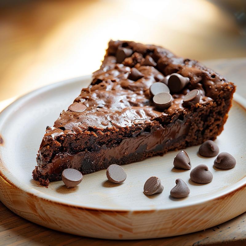 A close-up of a rich slice of chocolate dump cake on a minimalist wooden plate.
