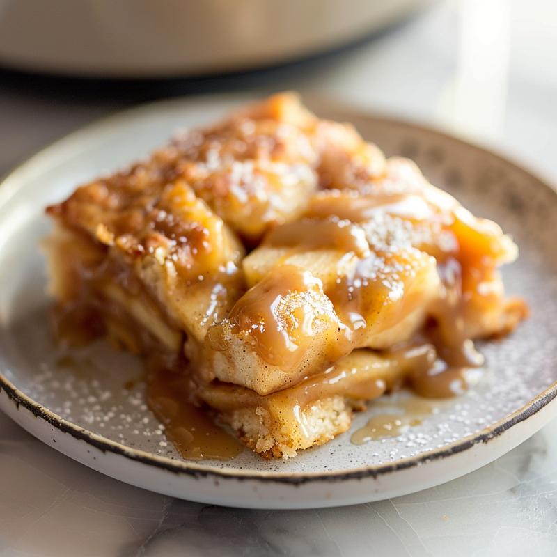 A slice of warm caramel apple dump cake on a white plate, placed on a marble surface, with natural light enhancing its texture.