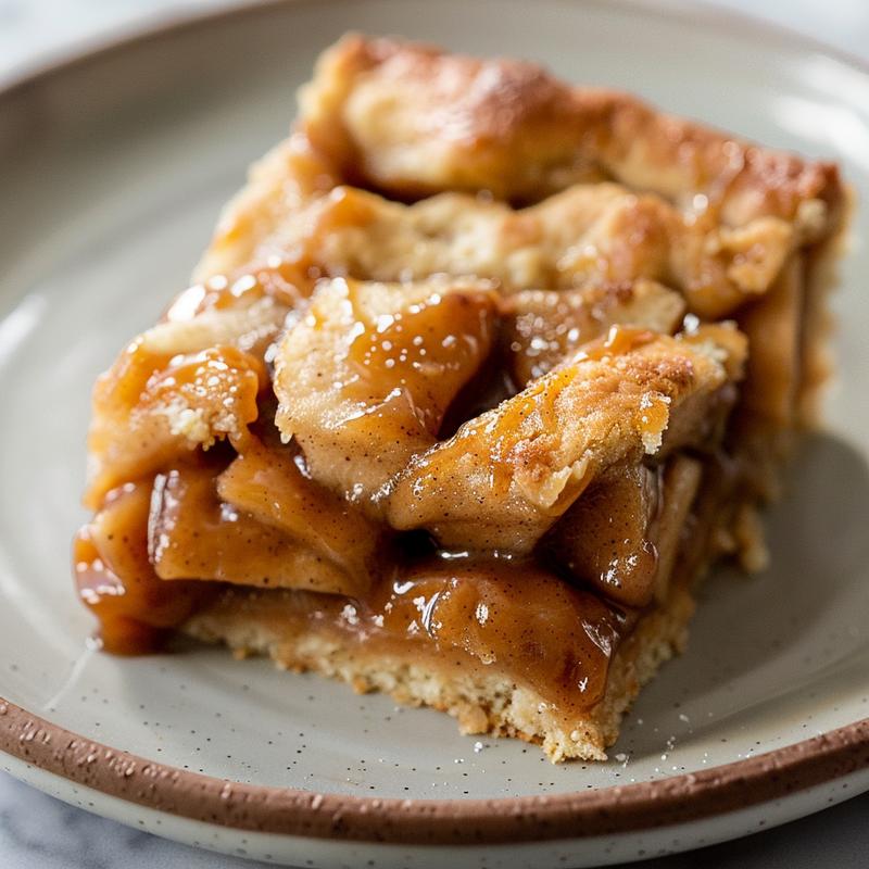 A perfect slice of apple dump cake on a white plate, displayed on a white marble surface.