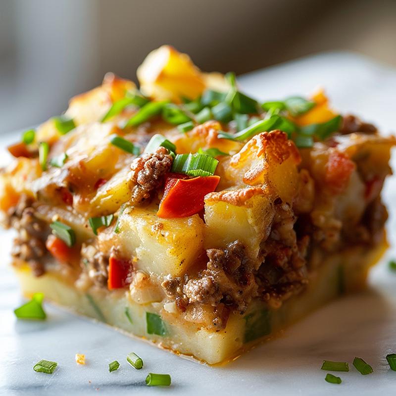 Close-up of a portion of breakfast casserole with flaky biscuits and crispy hashbrowns on a light grey plate.