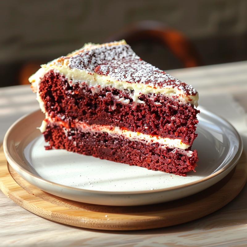 A close-up slice of cherry dump cake on a light grey ceramic plate.