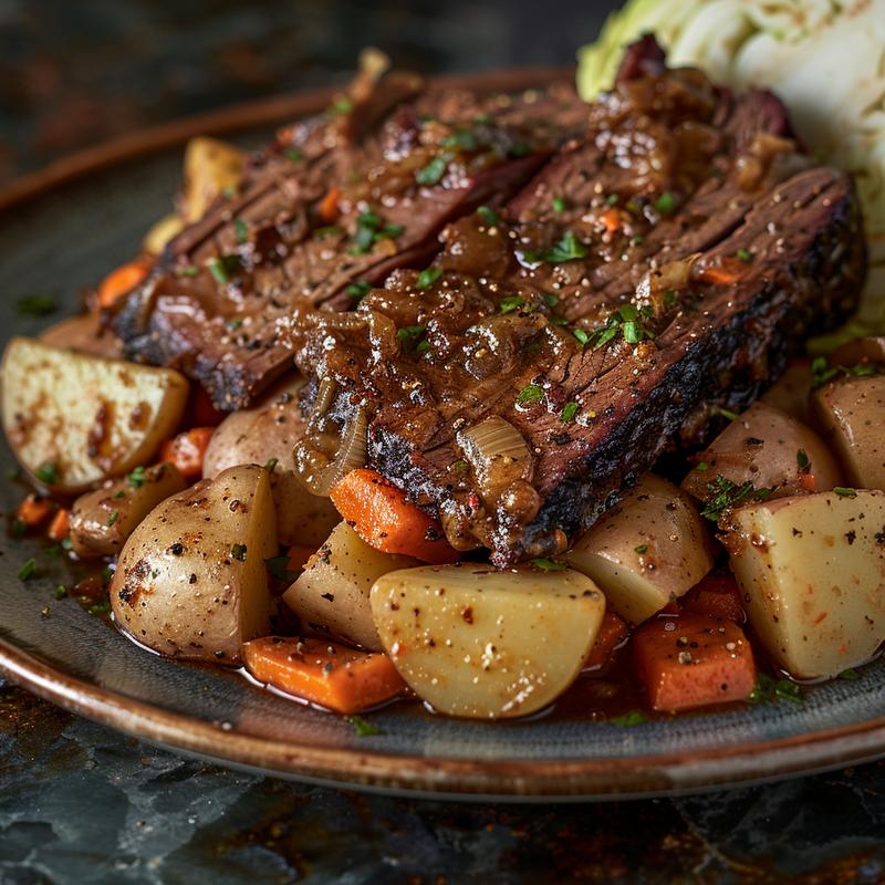 Close-up of corned beef and cabbage with visible ingredients.