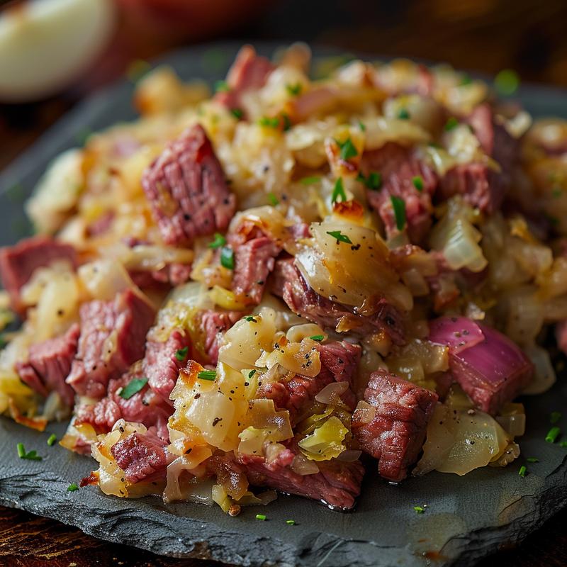 Corned beef and cabbage casserole on a slate plate with visible ingredients.