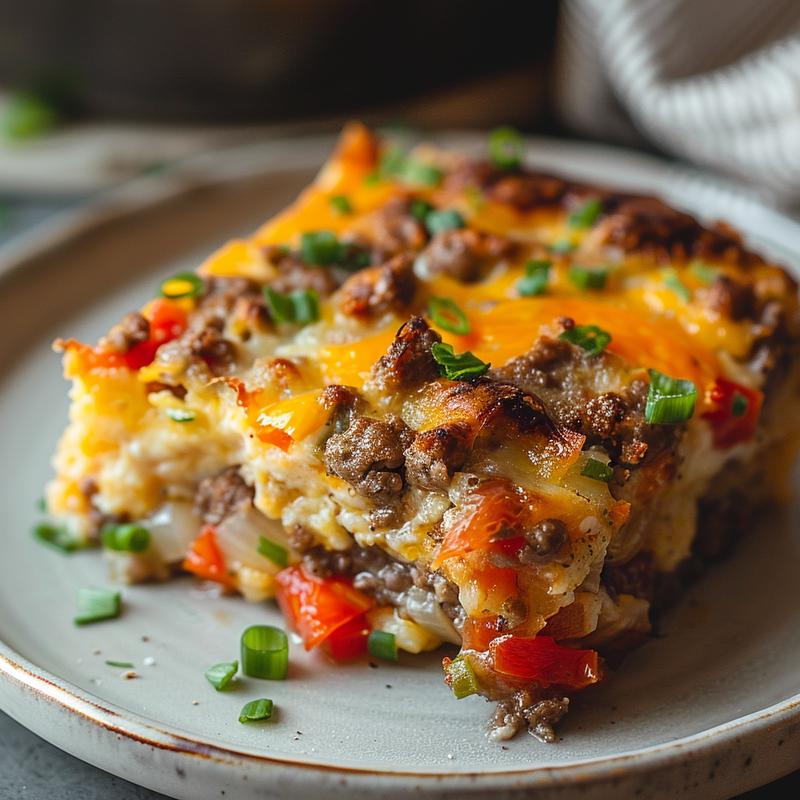 Close-up view of a keto breakfast casserole on a light grey ceramic plate, showcasing its texture and golden top.