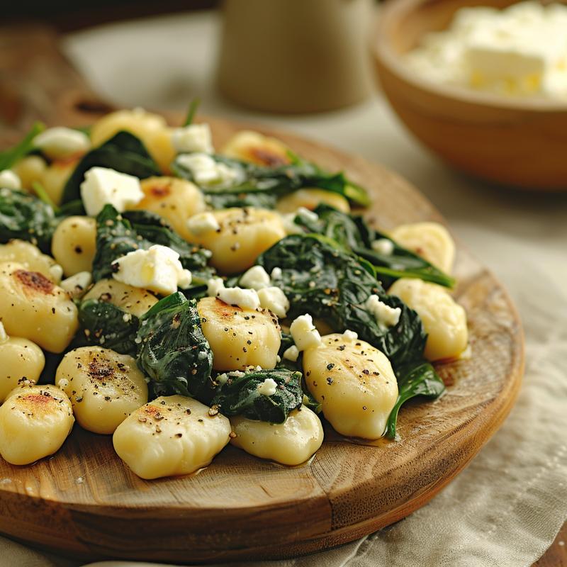 Creamy gnocchi with spinach and feta on a light wooden surface.