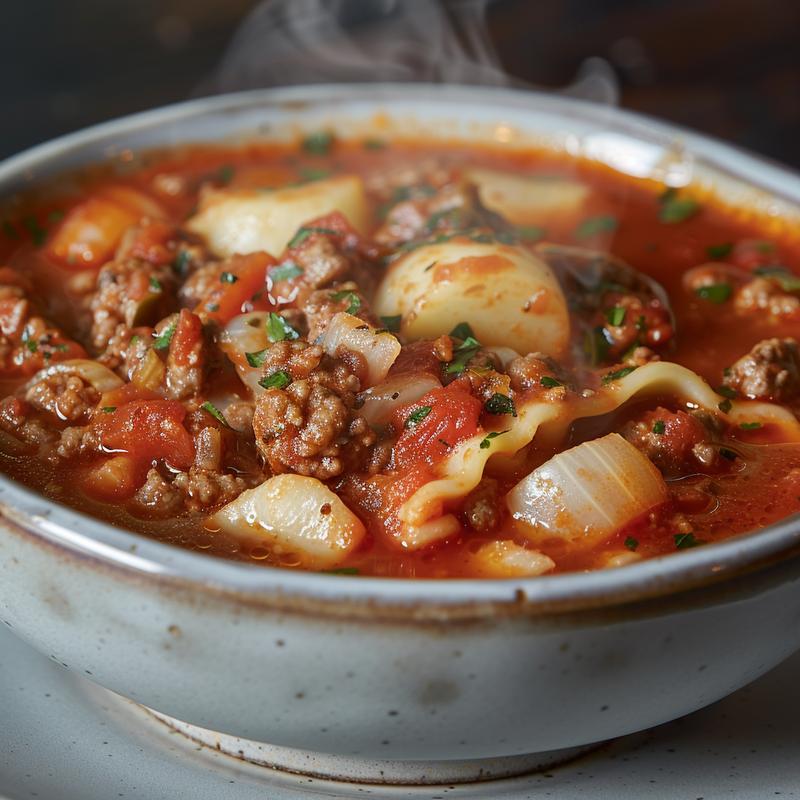 Steaming bowl of keto lasagna soup with visible meat and tomato chunks.