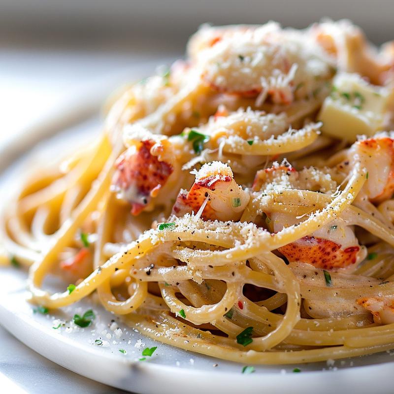 Close-up of creamy lobster pasta on white marble.