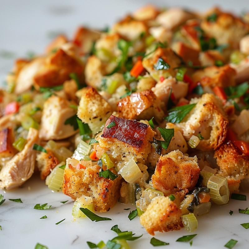 Close-up view of a creamy chicken and stuffing casserole on a marble surface, showcasing its texture.