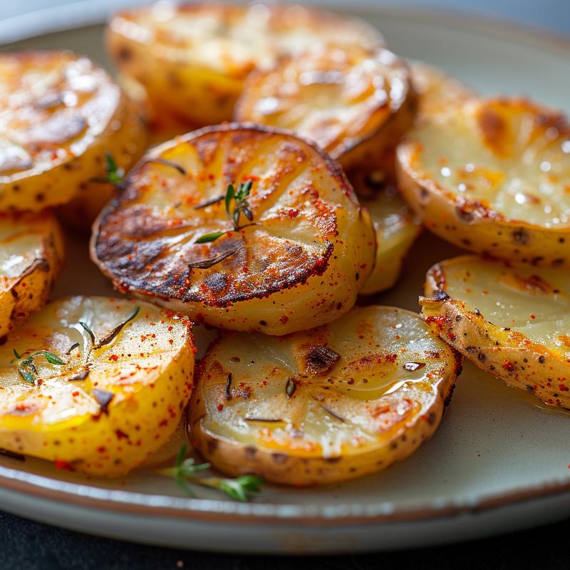 Close-up of seasoned baked potato slices on a light grey plate.