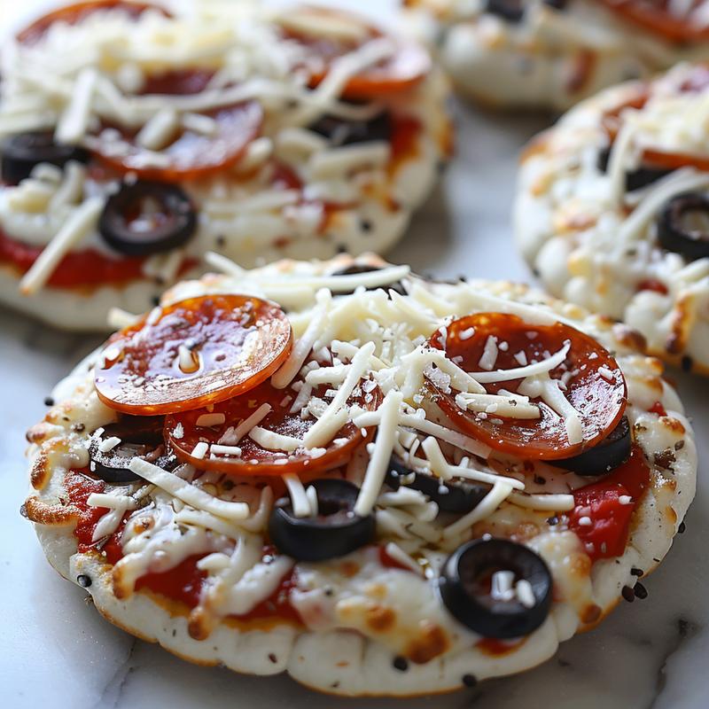 Close-up of snowman pizzas on English muffins with pepperoni, olives, and mozzarella.