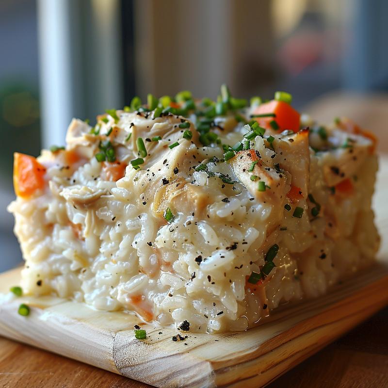 A close-up view of a serving of chicken rice casserole on a light wood board, showcasing its creamy texture and colorful ingredients.