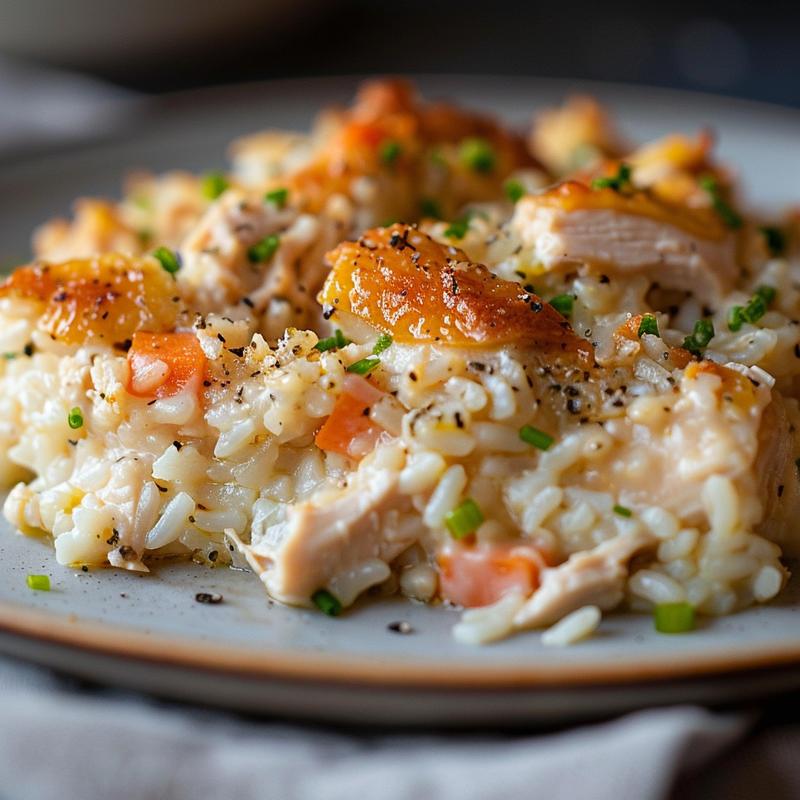 Close-up view of a creamy chicken and rice casserole on a light grey plate.