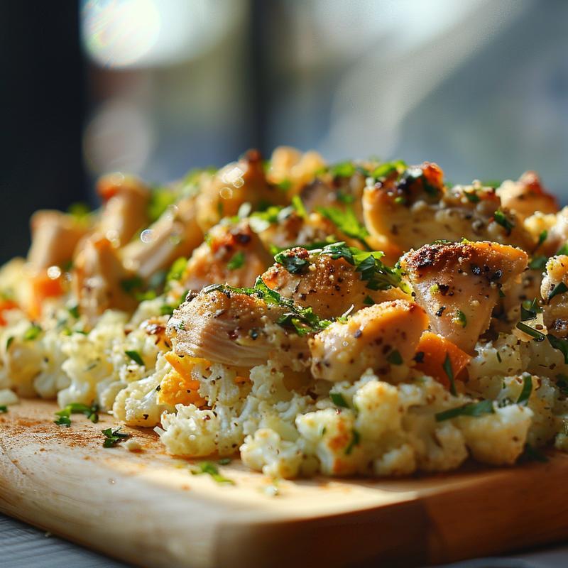 Close-up of a healthy chicken cauliflower rice casserole served on a light wooden board.