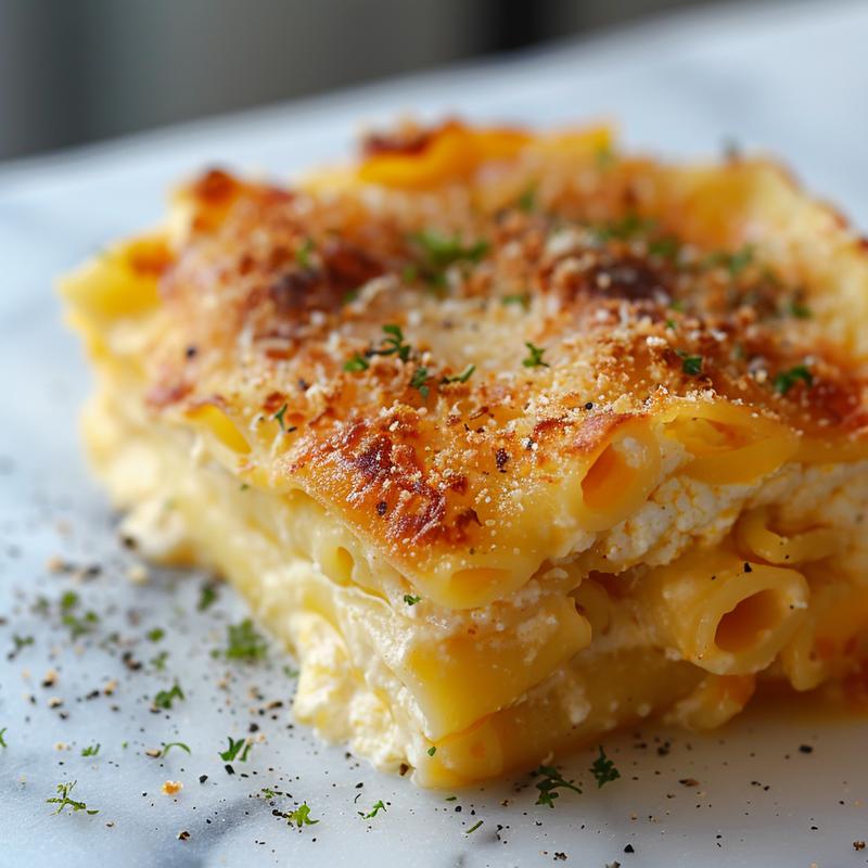Close-up of a creamy cottage cheese pasta bake on a white marble surface.