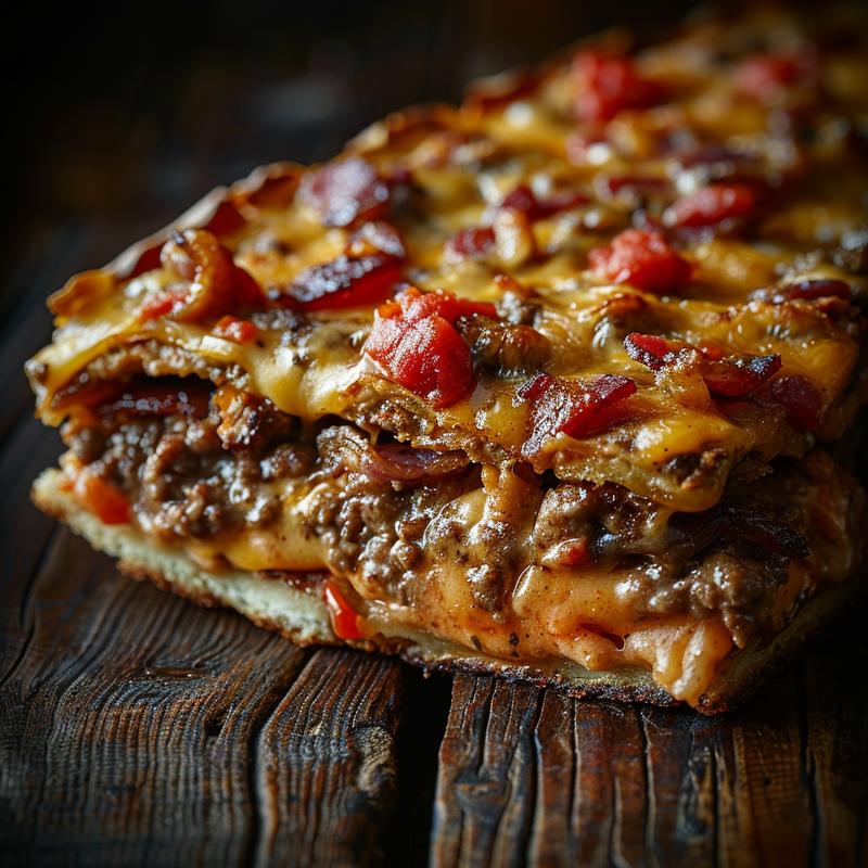 Close-up of a low carb bacon cheeseburger casserole served on a dark wooden table.