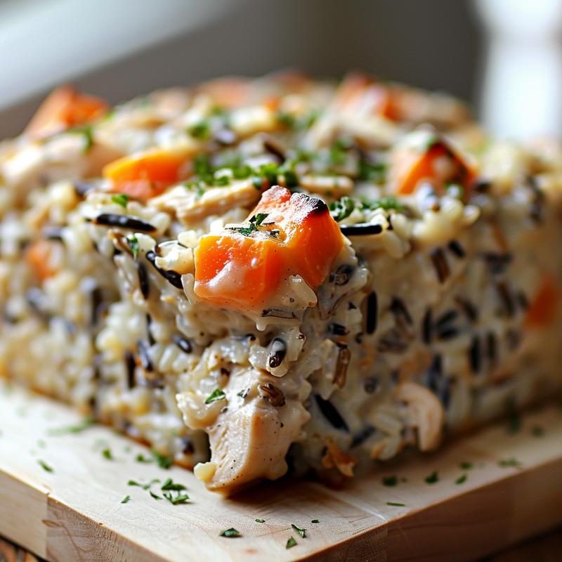 Close-up of creamy chicken and wild rice casserole on a wooden board.