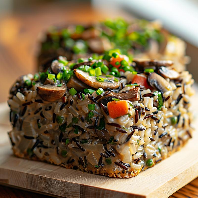 Close-up view of a serving of wild rice and mushroom casserole on a wooden board.