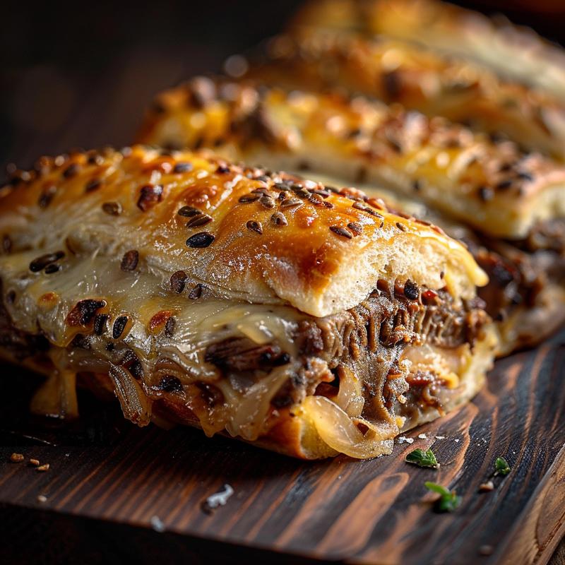 Close-up of keto Philly cheesesteak rolls on a dark wooden table, showcasing the melted cheese and beef filling.