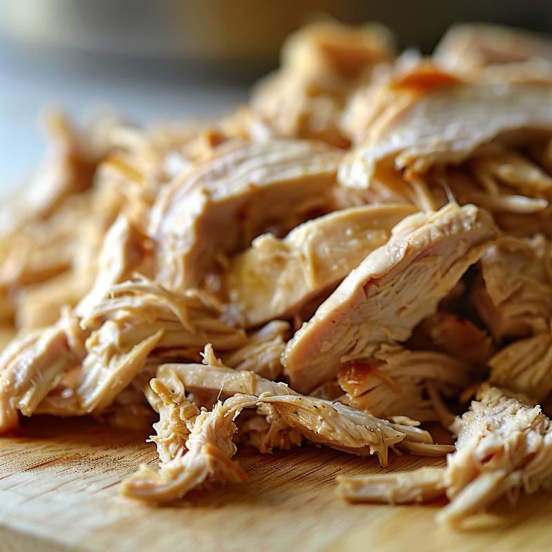 Close-up of a serving of shredded chicken on a wooden board, highlighted by natural light.