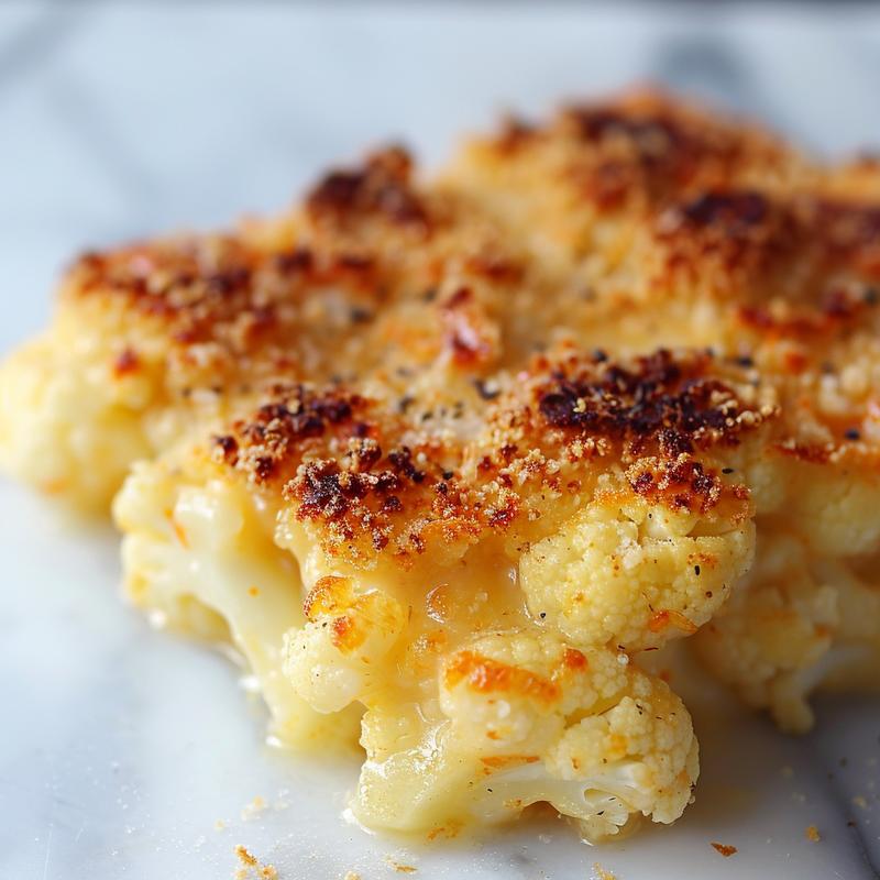 Close-up of a creamy cauliflower gratin with golden, crispy top on a white marble surface.