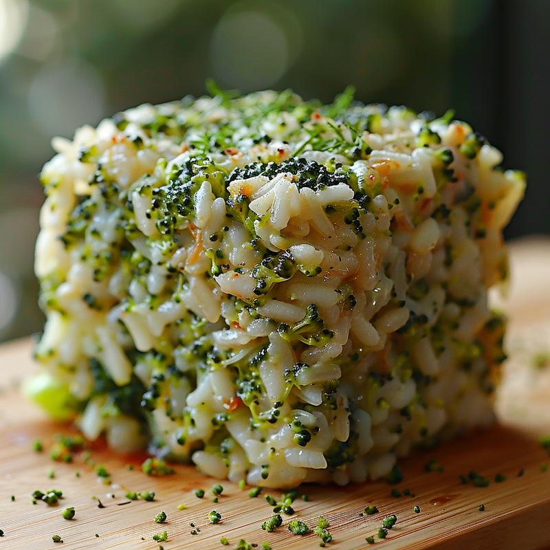 Close-up view of a portion of broccoli rice casserole on a wooden board.