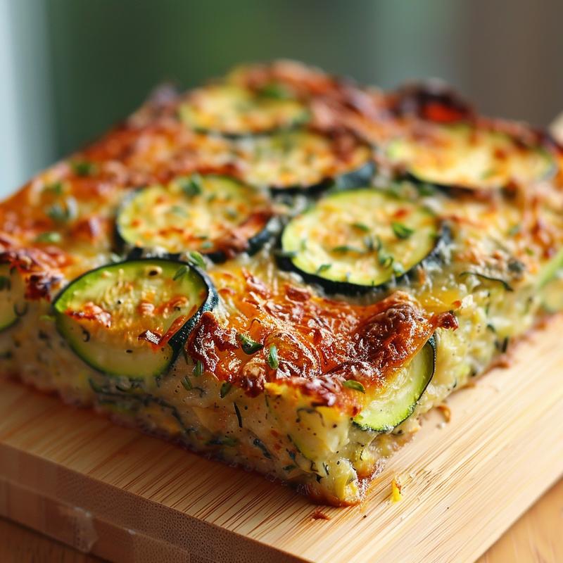 Close-up of a portion of savory zucchini casserole on a light wooden board.