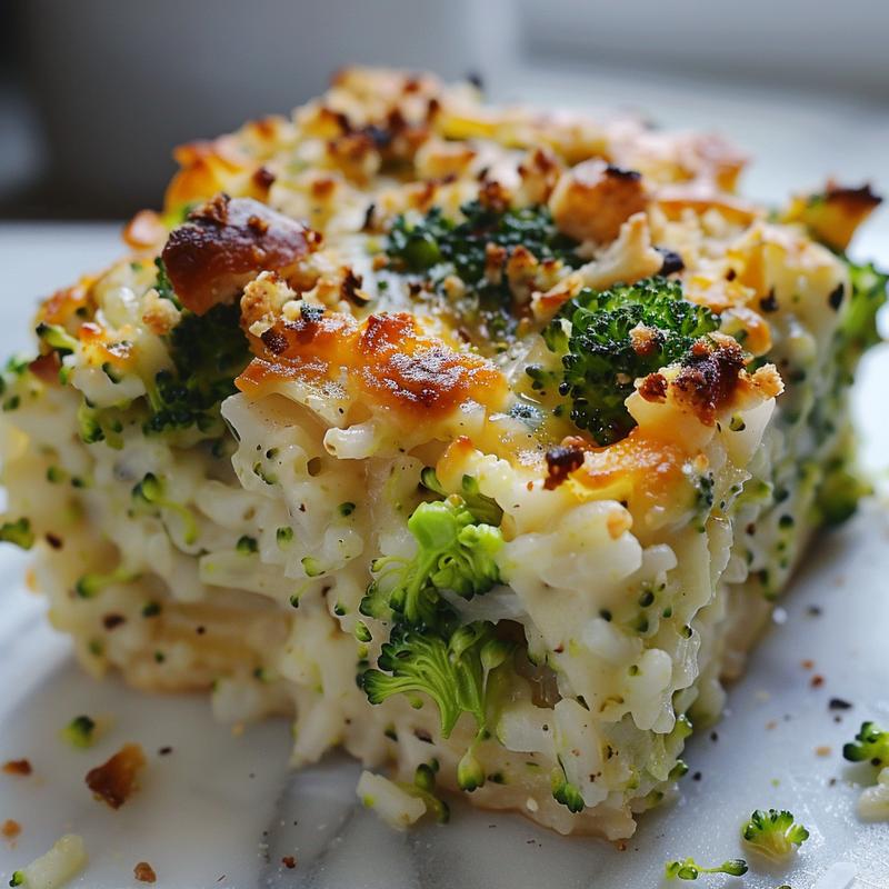 Close-up view of a portion of broccoli rice casserole on a white marble surface.