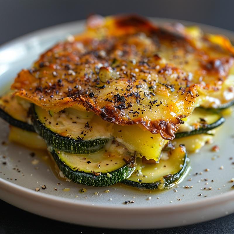 Close-up of a portion of zucchini casserole on a light grey plate.