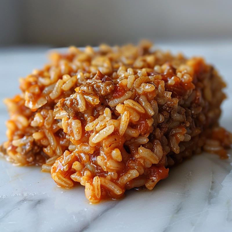 Close-up of a vibrant Mexican rice casserole on a marble surface.