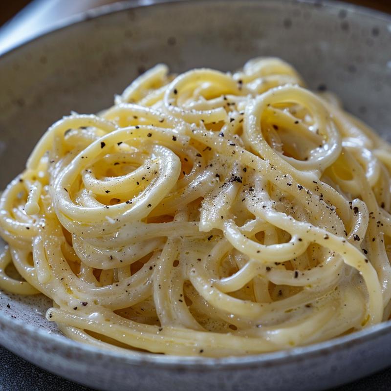 Close-up of a creamy spaghetti alfredo on a light grey ceramic plate.