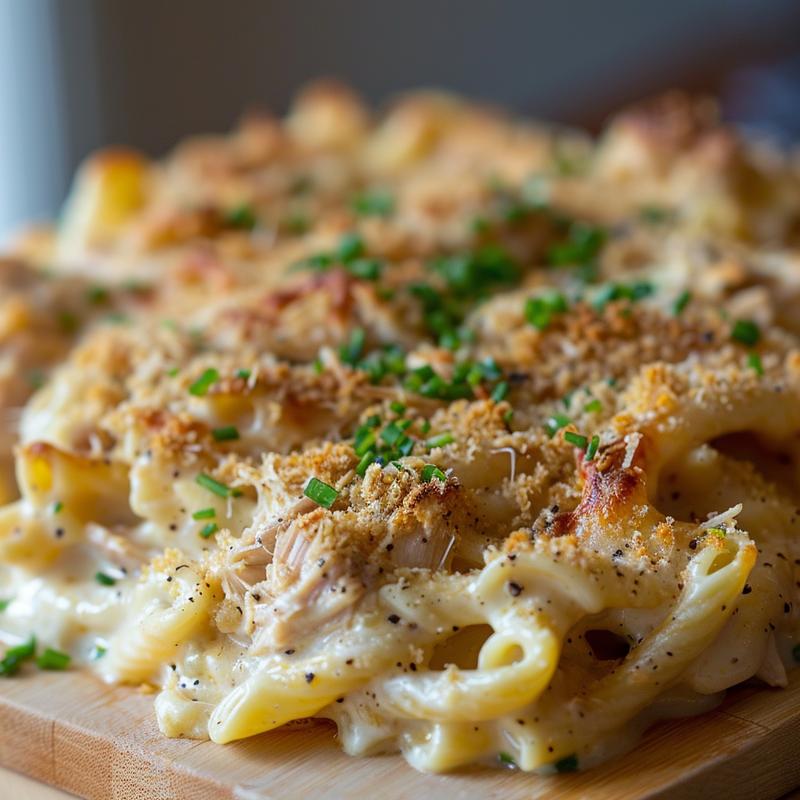 Close-up of a creamy tuna noodle casserole on a wooden board.