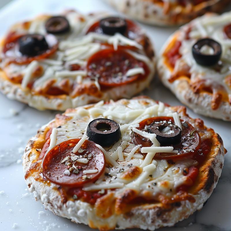 Close-up of snowman pizzas on English muffins with pepperoni, olives, and mozzarella.