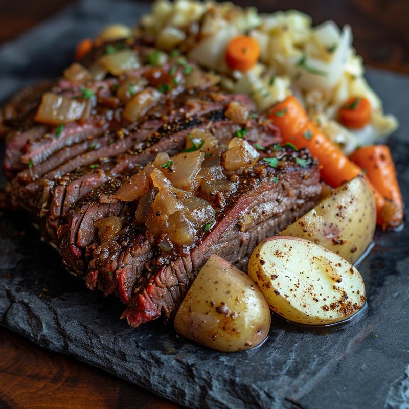Close-up of corned beef and cabbage with visible ingredients.