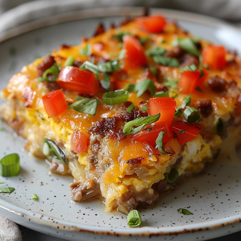 Close-up view of a keto breakfast casserole on a light grey ceramic plate, showcasing its texture and golden top.