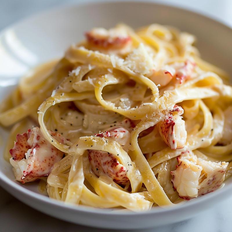 Close-up of creamy lobster pasta on white marble.