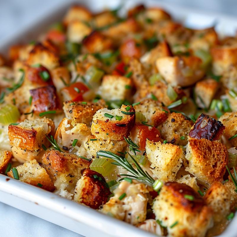 Close-up view of a creamy chicken and stuffing casserole on a marble surface, showcasing its texture.