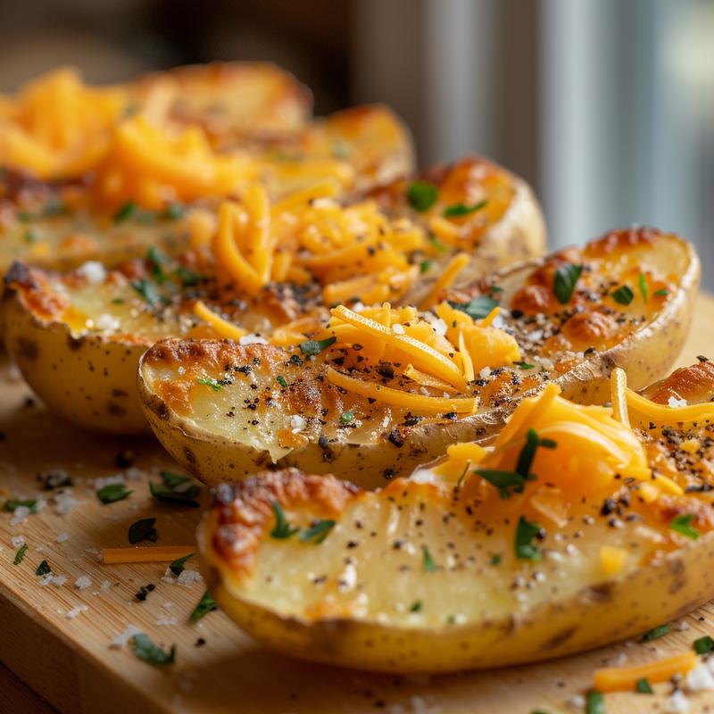 Close-up of loaded potato skins with cheese, pepper, and oil on wood.