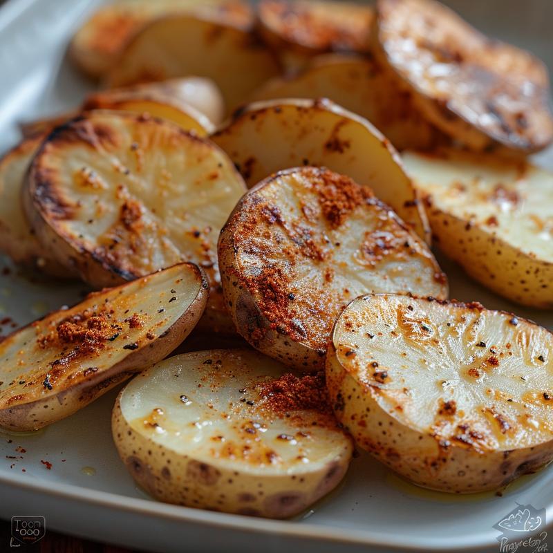Close-up of seasoned baked potato slices on a light grey plate.
