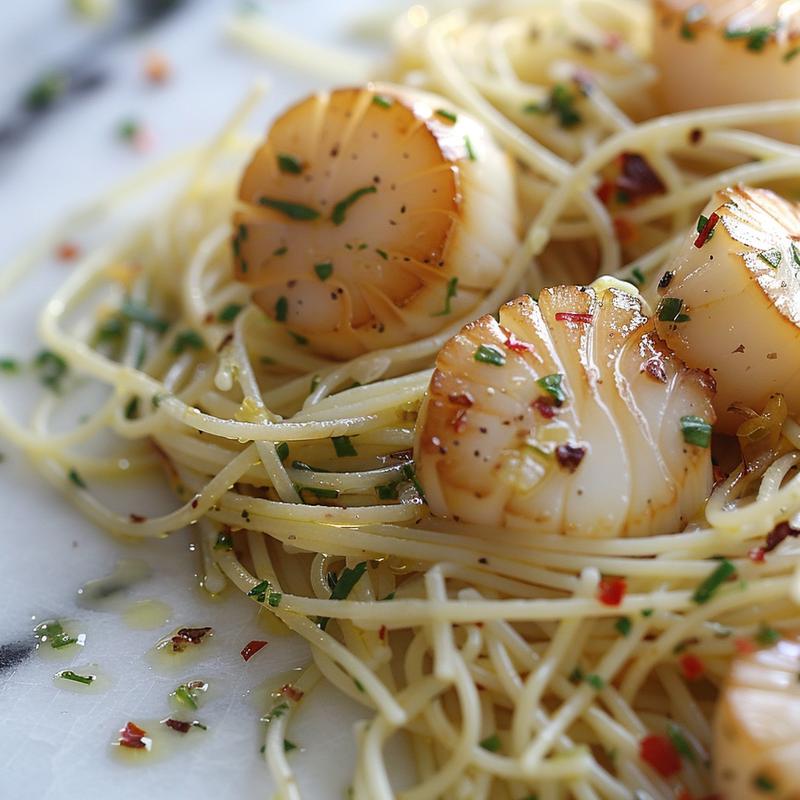 Close-up of sea scallops with angel hair pasta on a white surface.