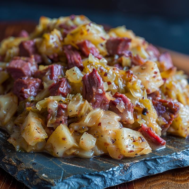 Corned beef and cabbage casserole on a slate plate with visible ingredients.