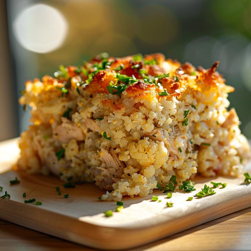 Close-up of a healthy chicken cauliflower rice casserole served on a light wooden board.
