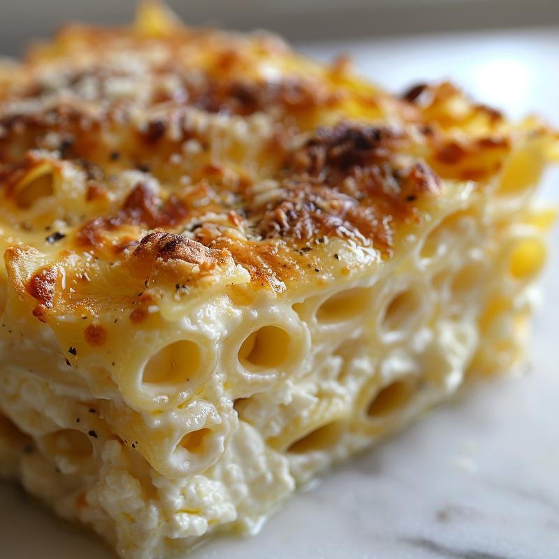 Close-up of a creamy cottage cheese pasta bake on a white marble surface.