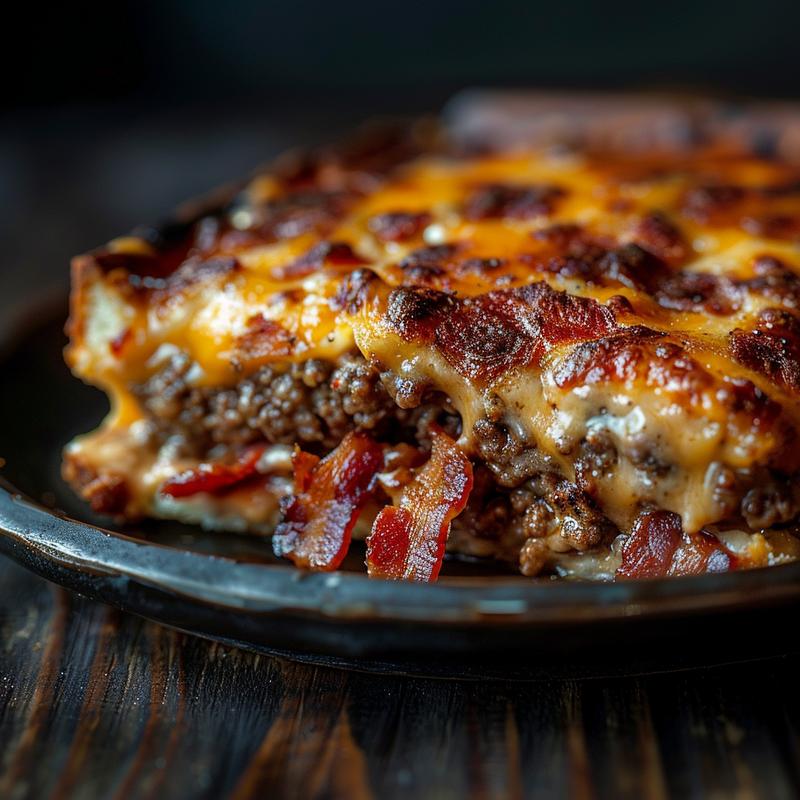 Close-up of a low carb bacon cheeseburger casserole served on a dark wooden table.